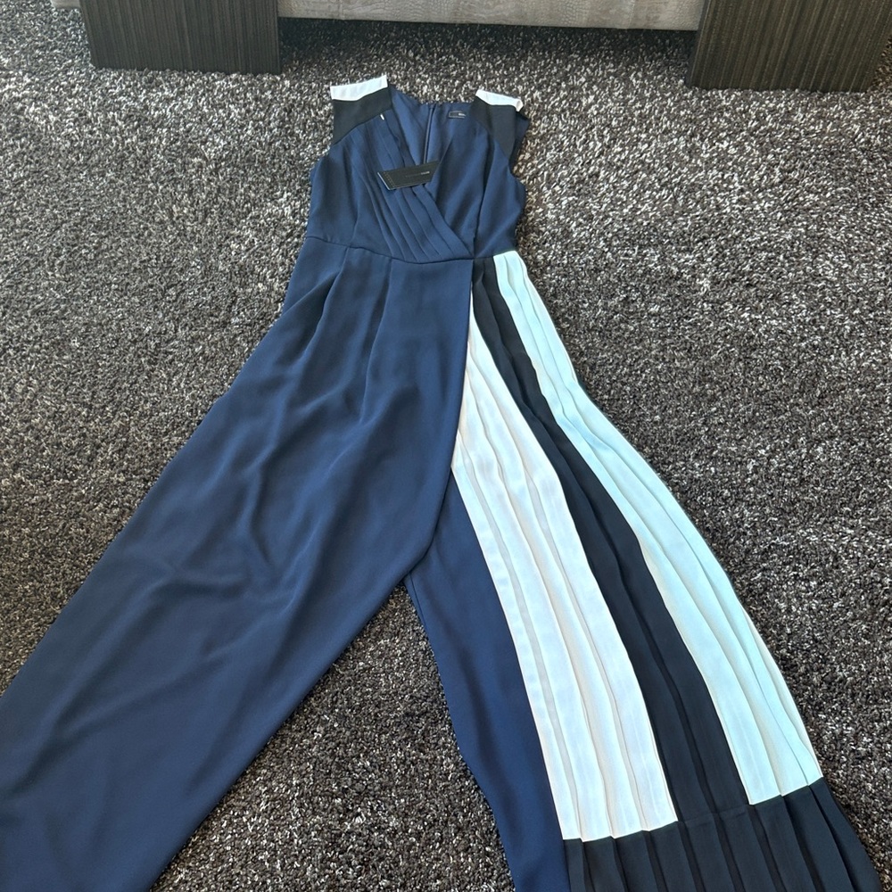 BCBG Navy Blue and Light Blue Pleated Wide-Leg Jumpsuit